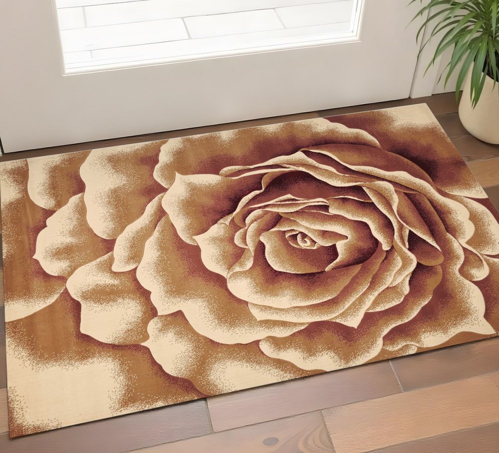 2' X 3' Ivory Brown And Red Floral Area Rug
