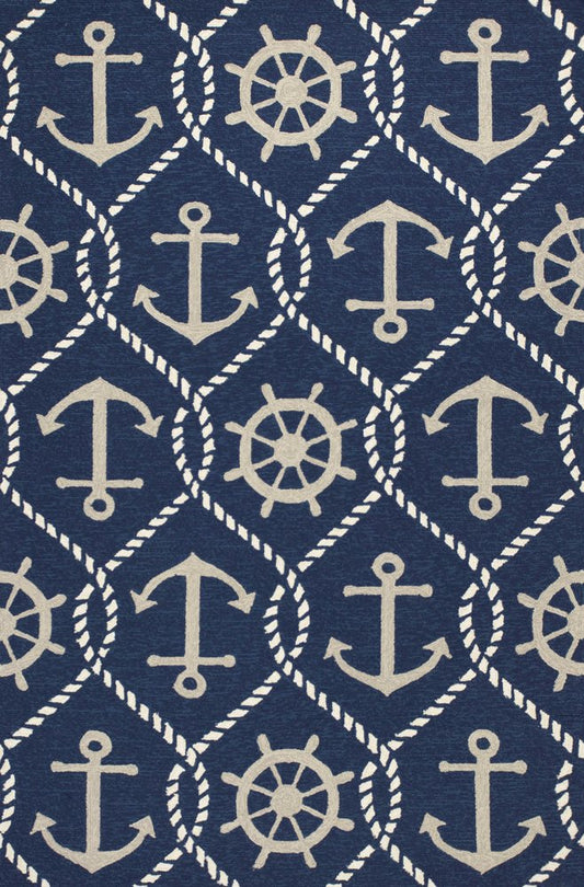 2' X 3' Navy Blue Gold And White Nautical Handmade Indoor Outdoor Area Rug