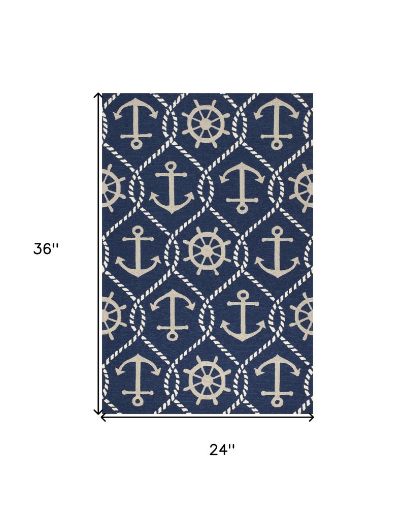 2' X 3' Navy Blue Gold And White Nautical Handmade Indoor Outdoor Area Rug