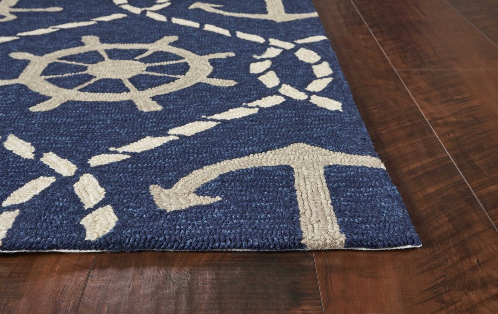 2' X 3' Navy Blue Gold And White Nautical Handmade Indoor Outdoor Area Rug