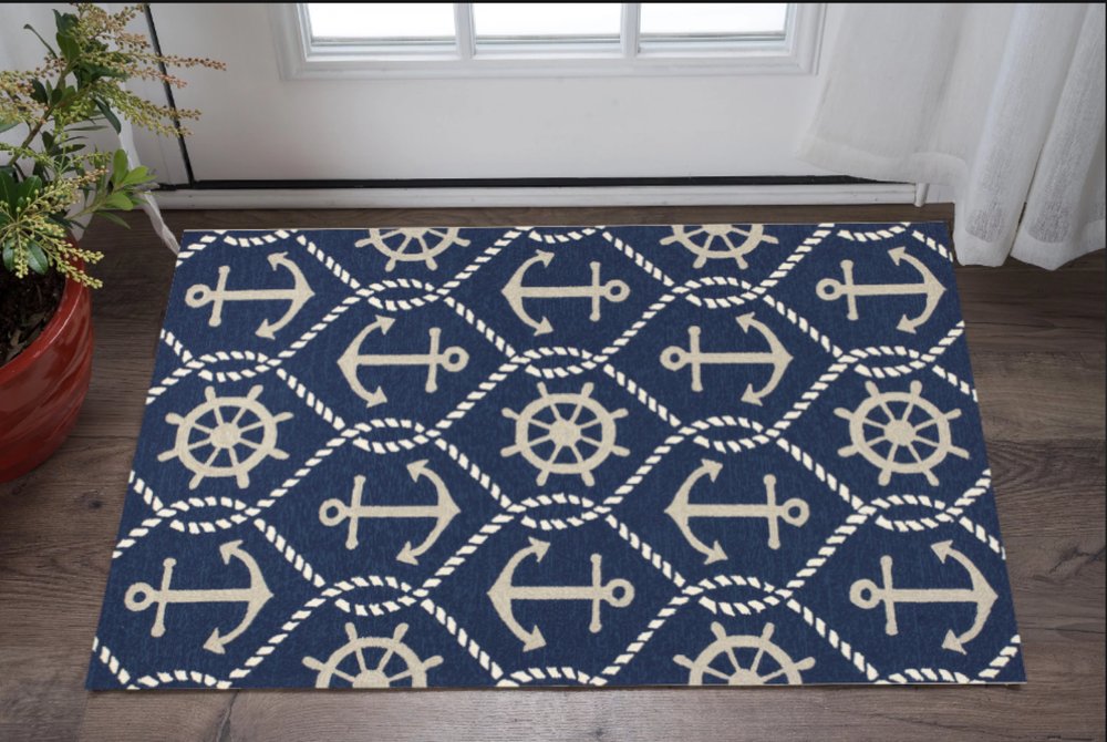 2' X 3' Navy Blue Gold And White Nautical Handmade Indoor Outdoor Area Rug