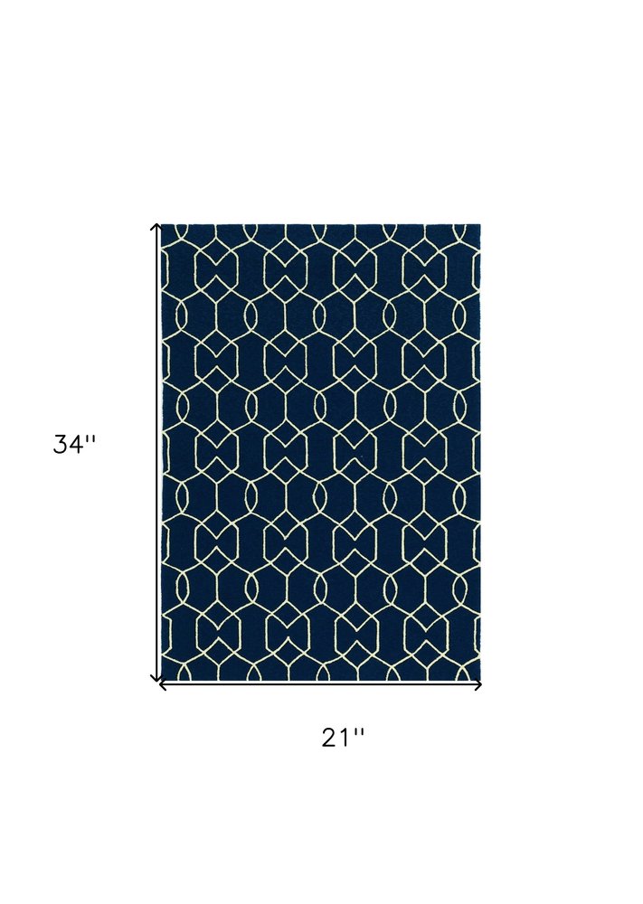 2' X 3' Navy Blue And Ivory Geometric Hand Hooked Area Rug