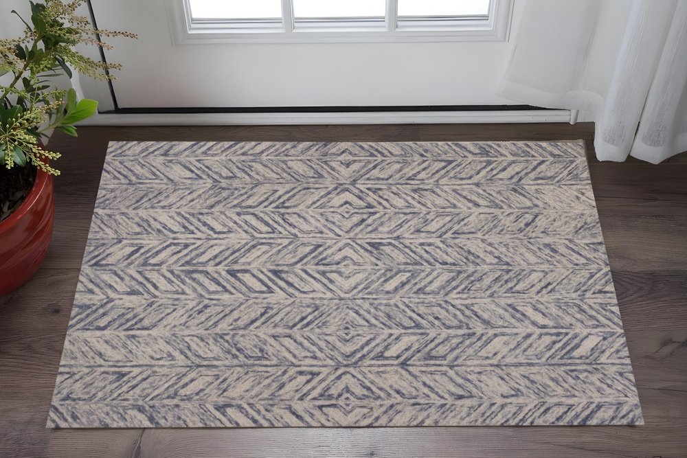 2' X 4' Blue And Beige Wool Chevron Hand Tufted Area Rug