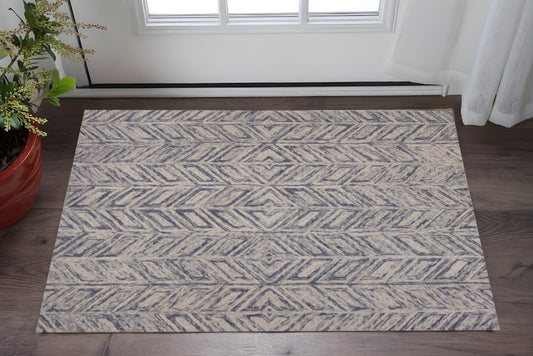 2' X 4' Blue And Beige Wool Chevron Hand Tufted Area Rug
