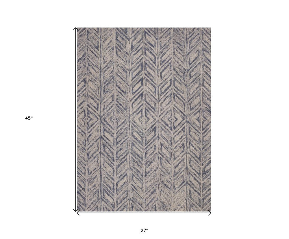 2' X 4' Blue And Beige Wool Chevron Hand Tufted Area Rug