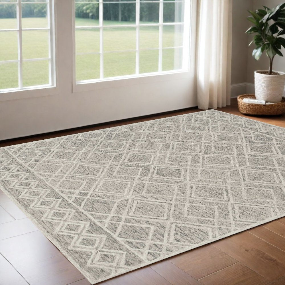 8' X 10' Sand Beige And Ivory Wool Geometric Hand Tufted Area Rug