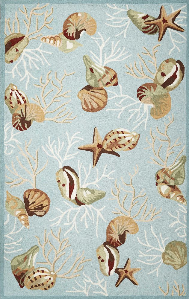 2' X 4' Blue Beige And Green Seashell and Coral Hand Tufted Area Rug