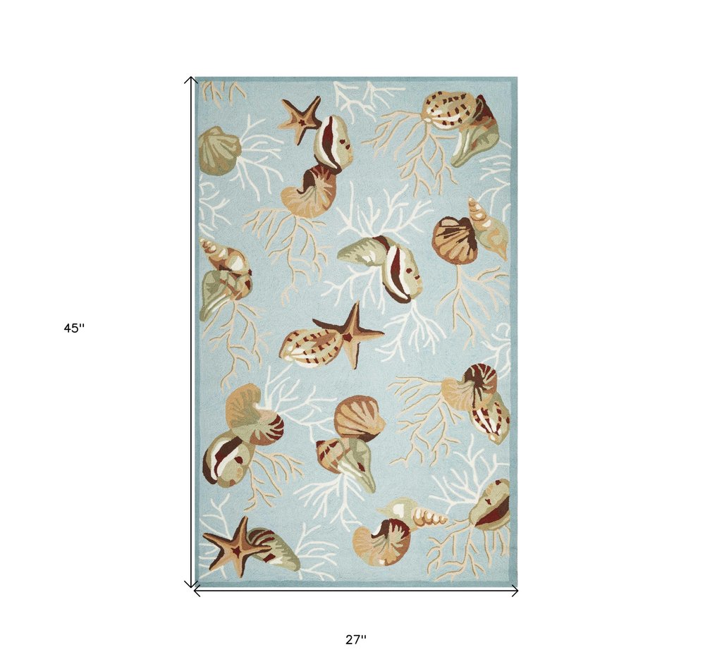 2' X 4' Blue Beige And Green Seashell and Coral Hand Tufted Area Rug