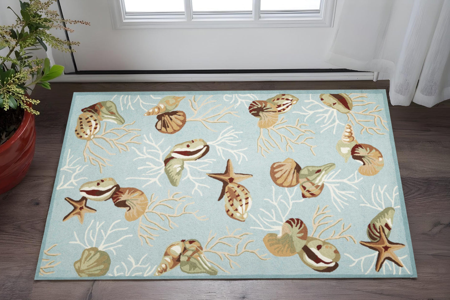 2' X 4' Blue Beige And Green Seashell and Coral Hand Tufted Area Rug
