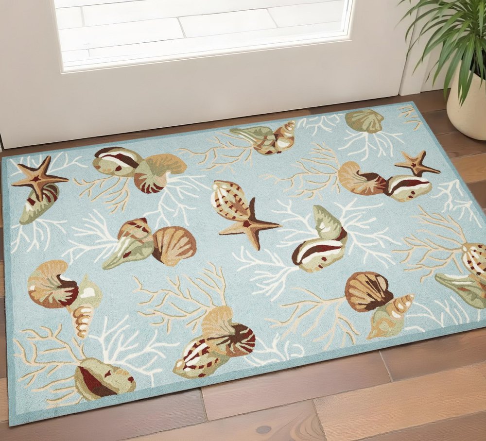 2' X 4' Blue Beige And Green Seashell and Coral Hand Tufted Area Rug