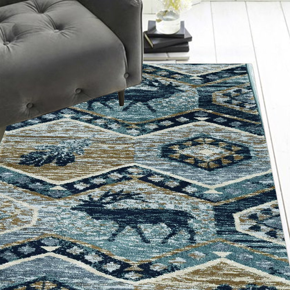8' Blue And Green Woodland Lodge Round Rug