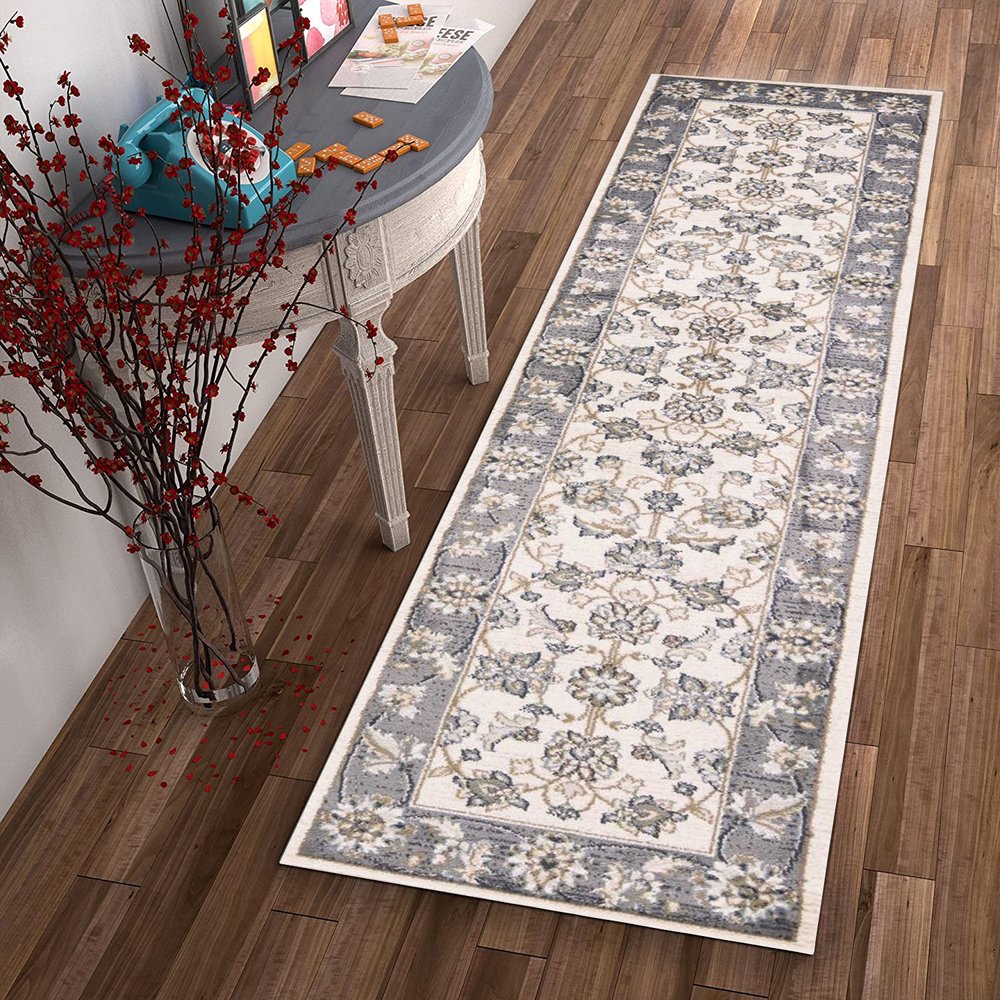8' Gray And Ivory Floral Medallion Runner Rug