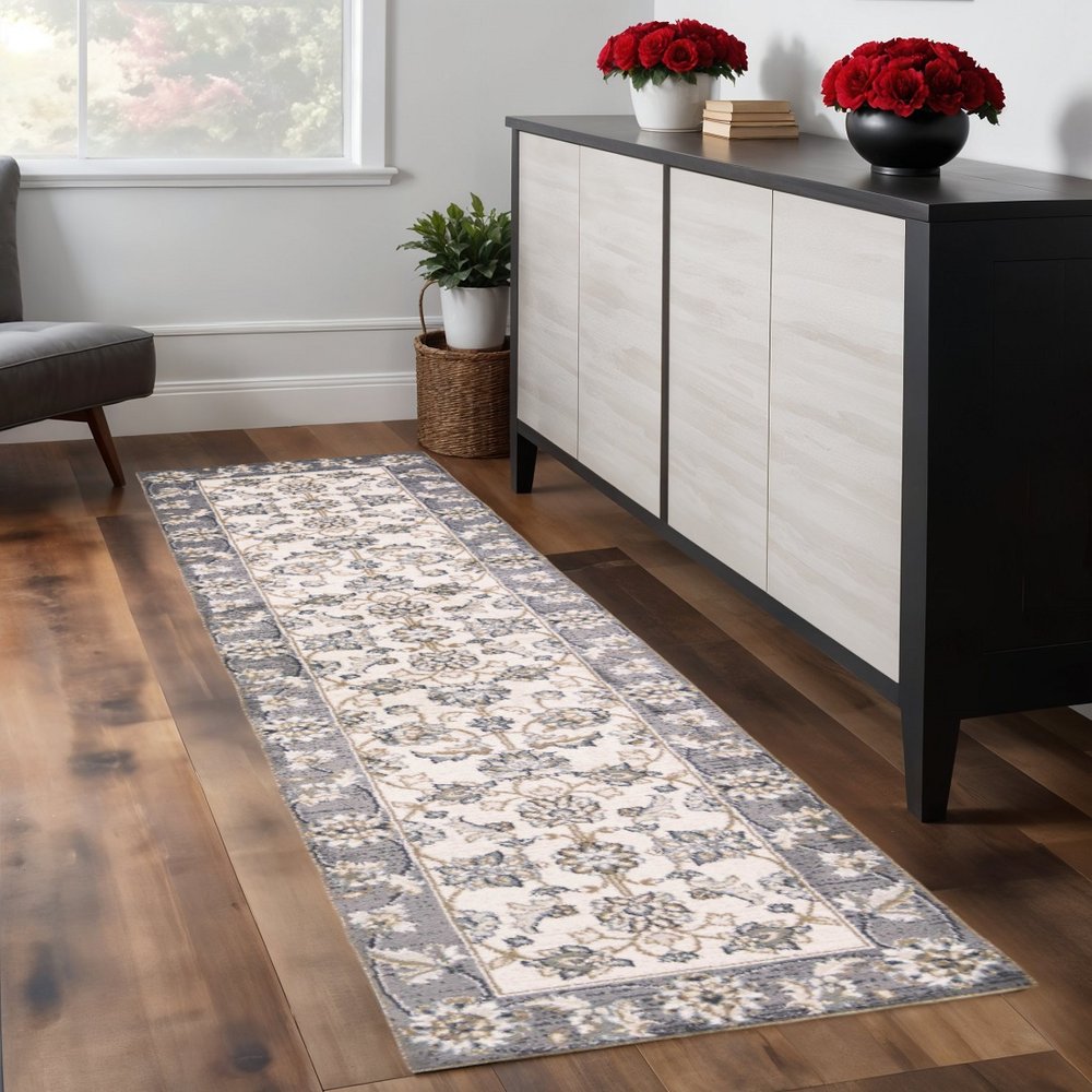 8' Gray And Ivory Floral Medallion Runner Rug