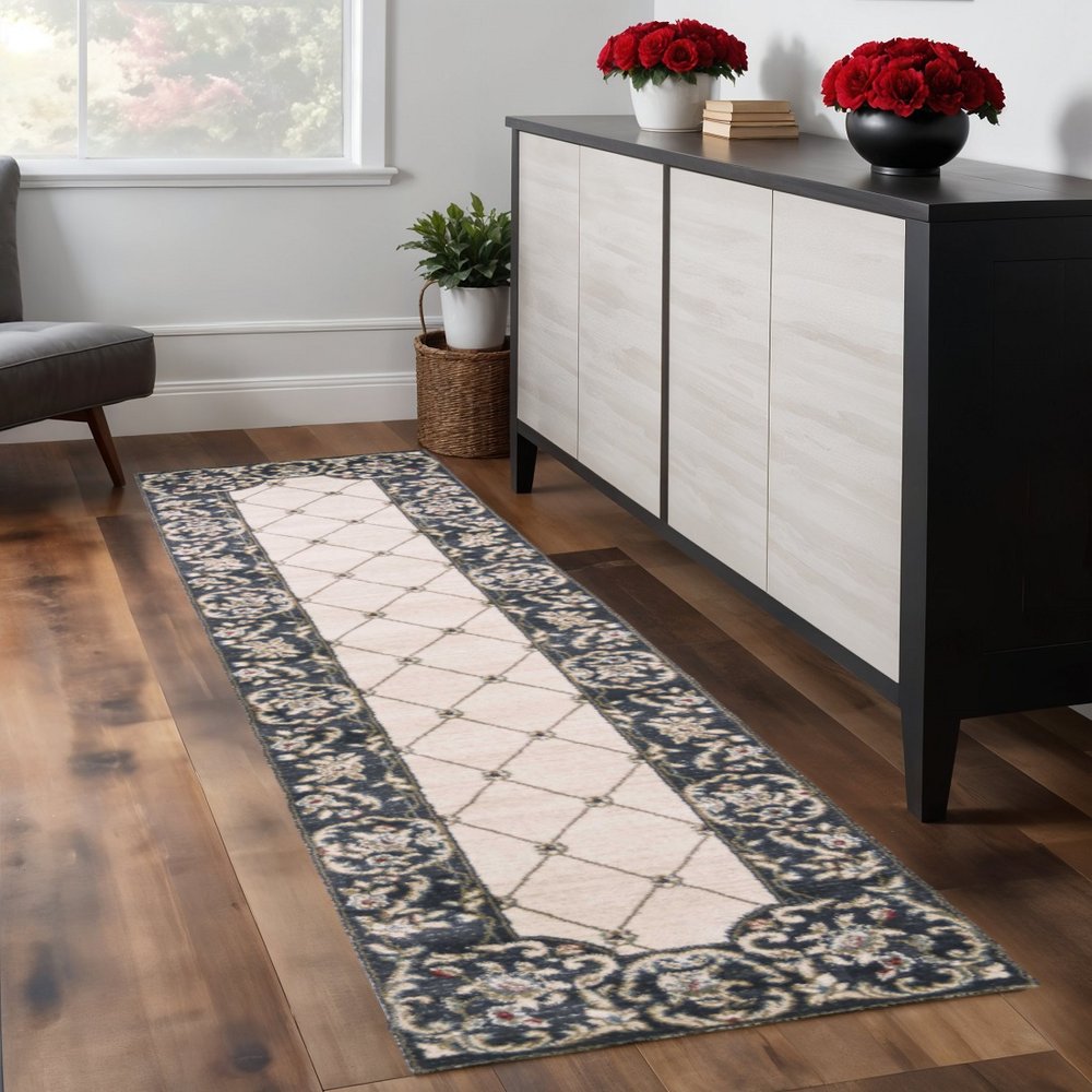 8' Ivory And Gray Floral Runner Rug