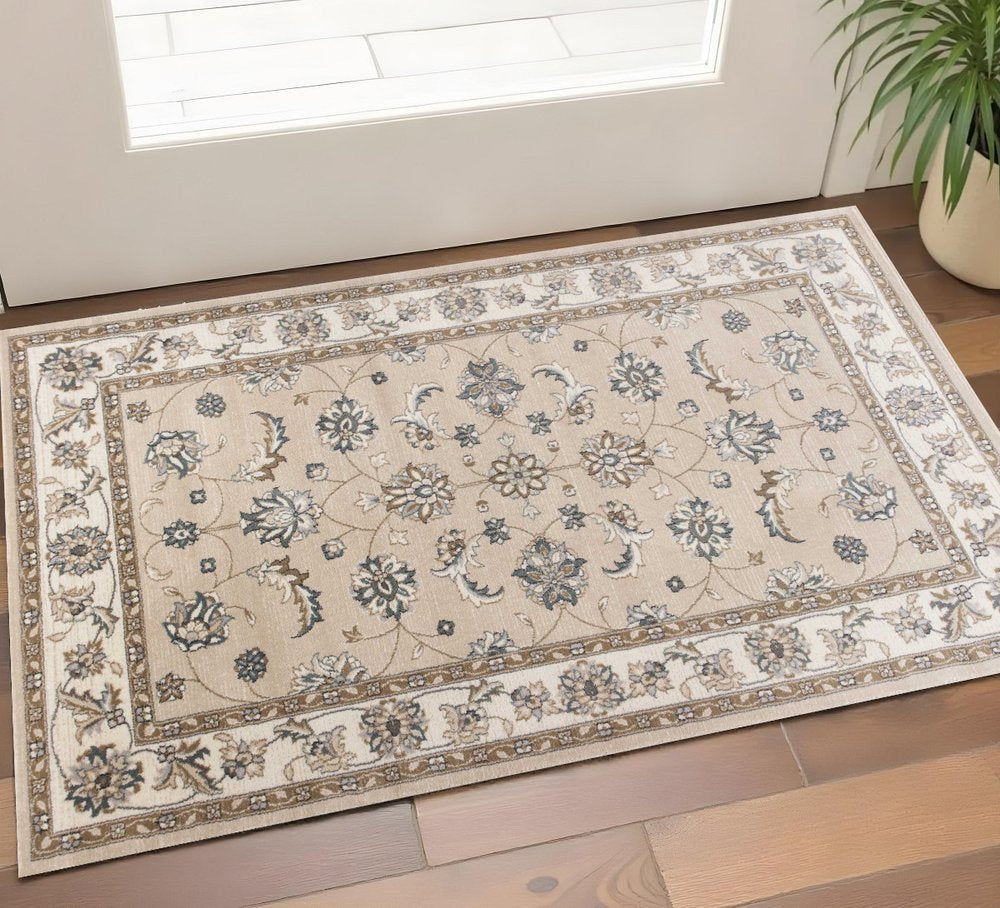 5' X 8' Beige And Ivory Floral Medallion Area Rug