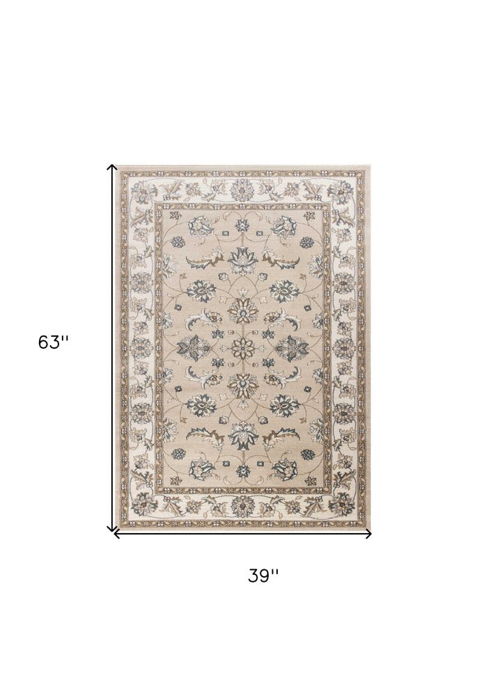 5' X 8' Beige And Ivory Floral Medallion Area Rug