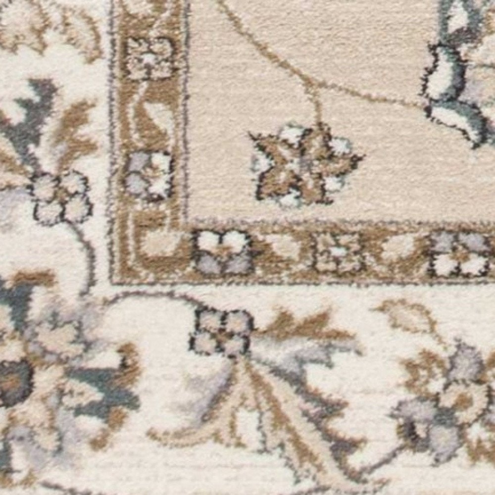 5' X 8' Beige And Ivory Floral Medallion Area Rug