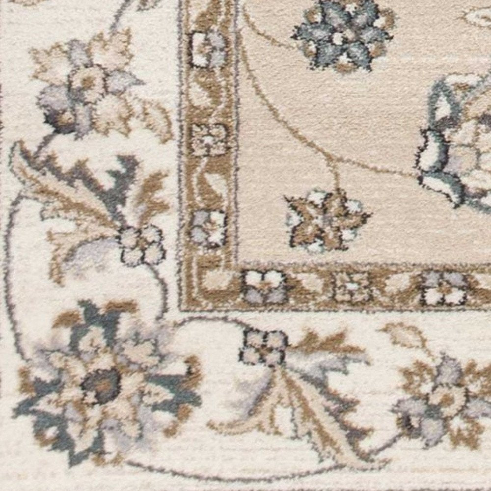5' X 8' Beige And Ivory Floral Medallion Area Rug