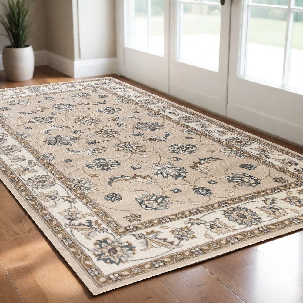 5' X 8' Beige And Ivory Floral Medallion Area Rug