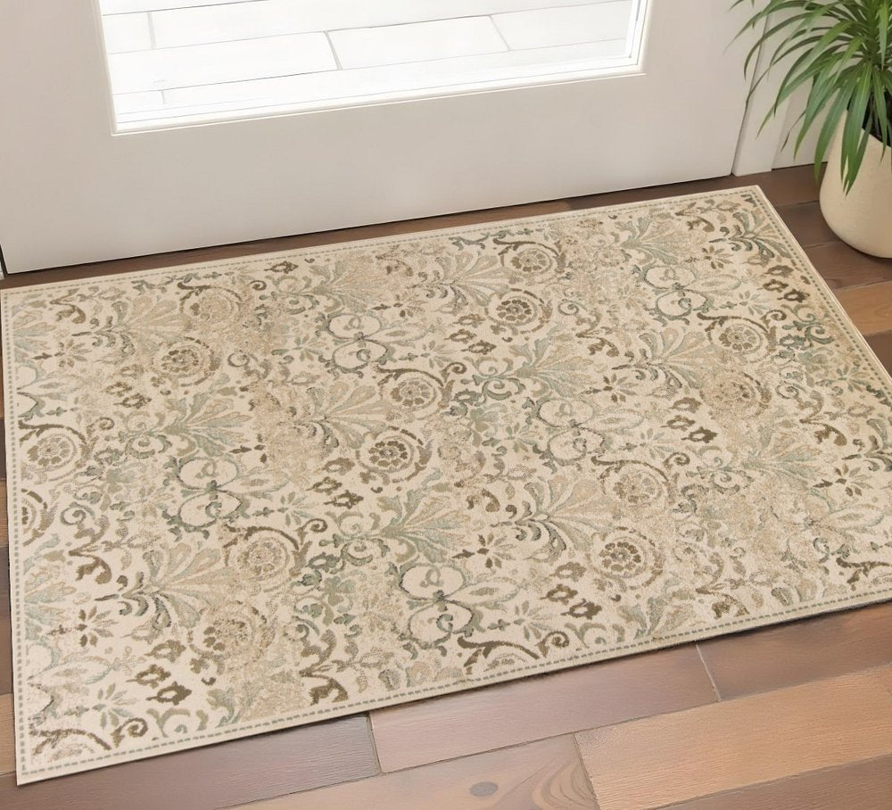 8' X 11' Ivory And Brown Floral Medallion Area Rug