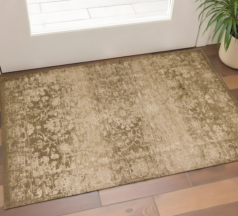 8' Beige And Tan Floral Medallion Distressed Round Rug