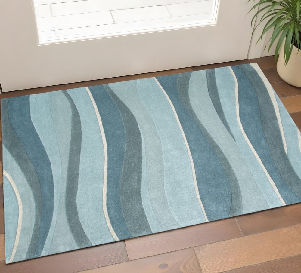 2' X 4' Blue Gray And Ivory Wool Hand Tufted Area Rug