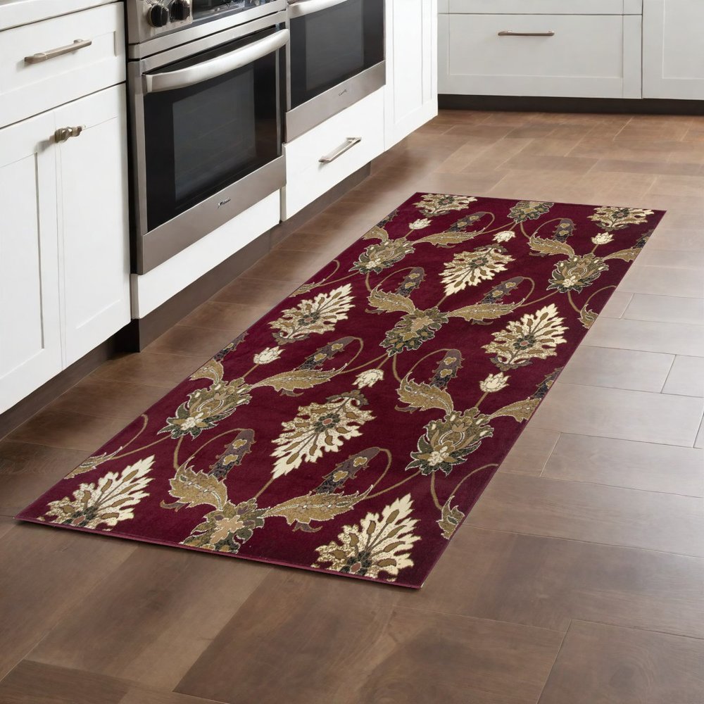 9' X 13' Red Beige And Brown Floral Vines Area Rug