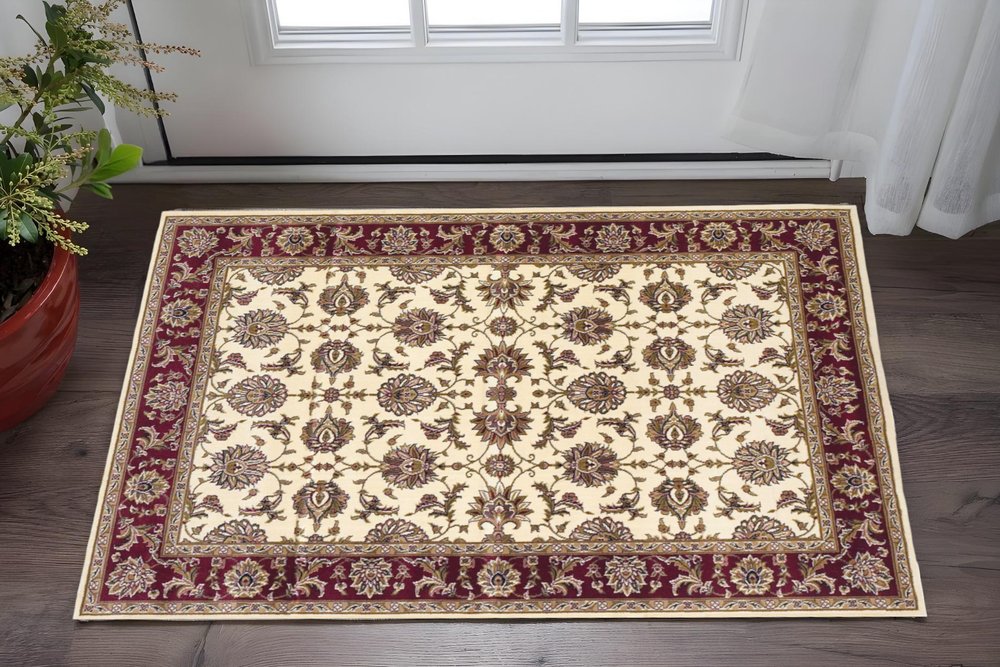 3' X 5' Red Ivory And Brown Floral Medallion Area Rug
