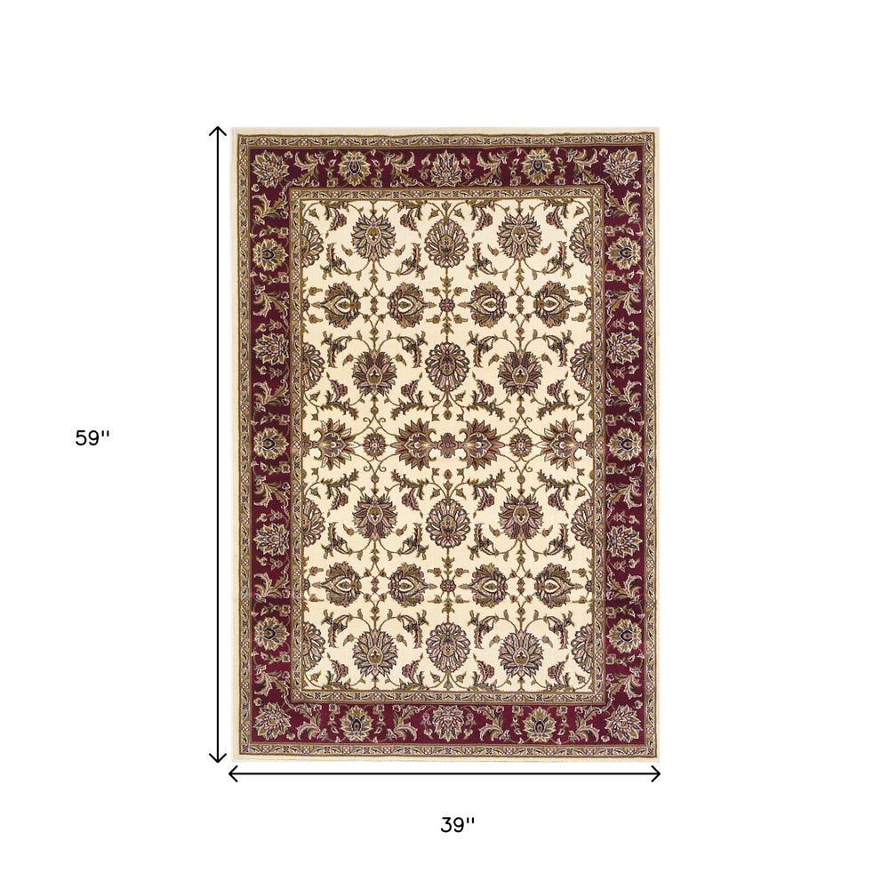 3' X 5' Red Ivory And Brown Floral Medallion Area Rug