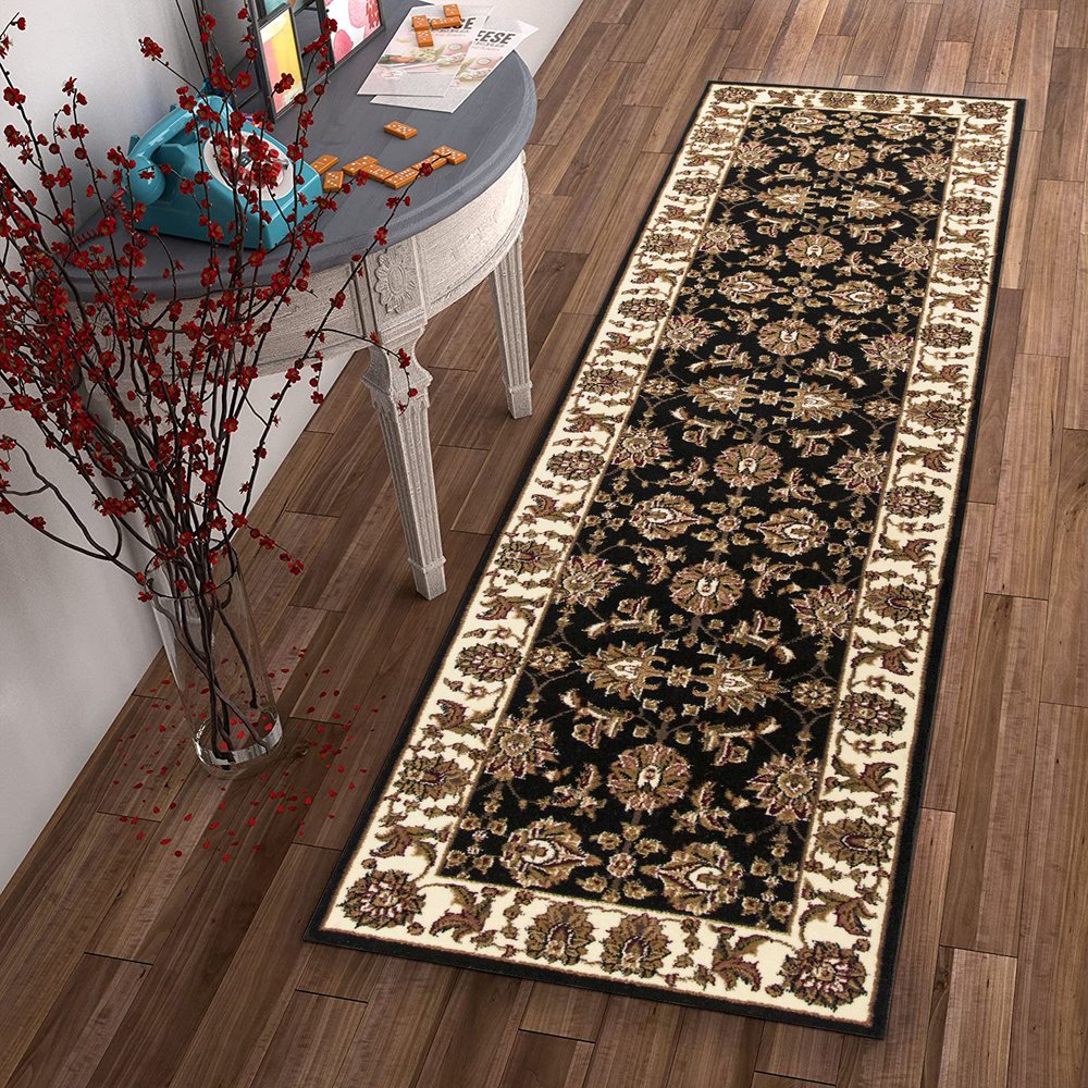 5' X 8' Black Ivory And Brown Floral Medallion Area Rug