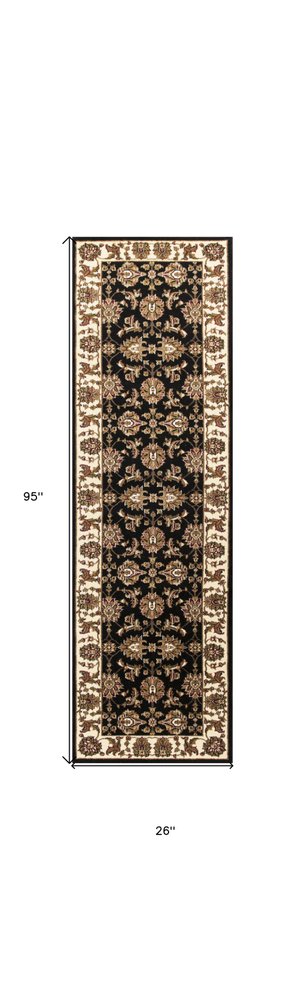 5' X 8' Black Ivory And Brown Floral Medallion Area Rug