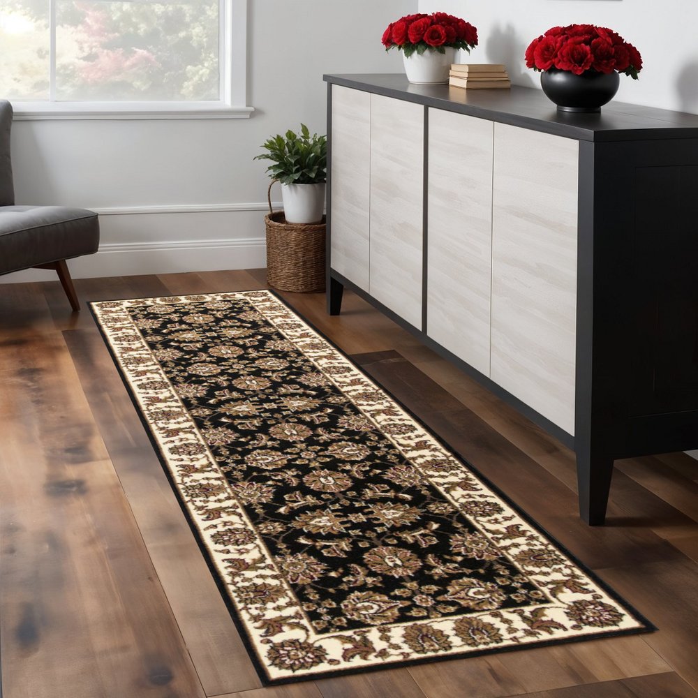 5' X 8' Black Ivory And Brown Floral Medallion Area Rug