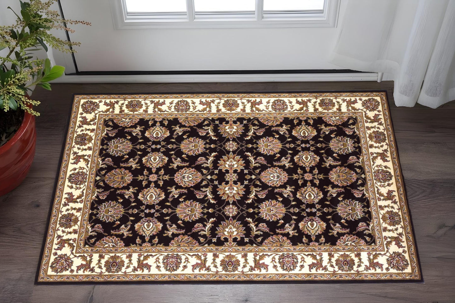 5' X 8' Black Ivory And Brown Floral Medallion Area Rug