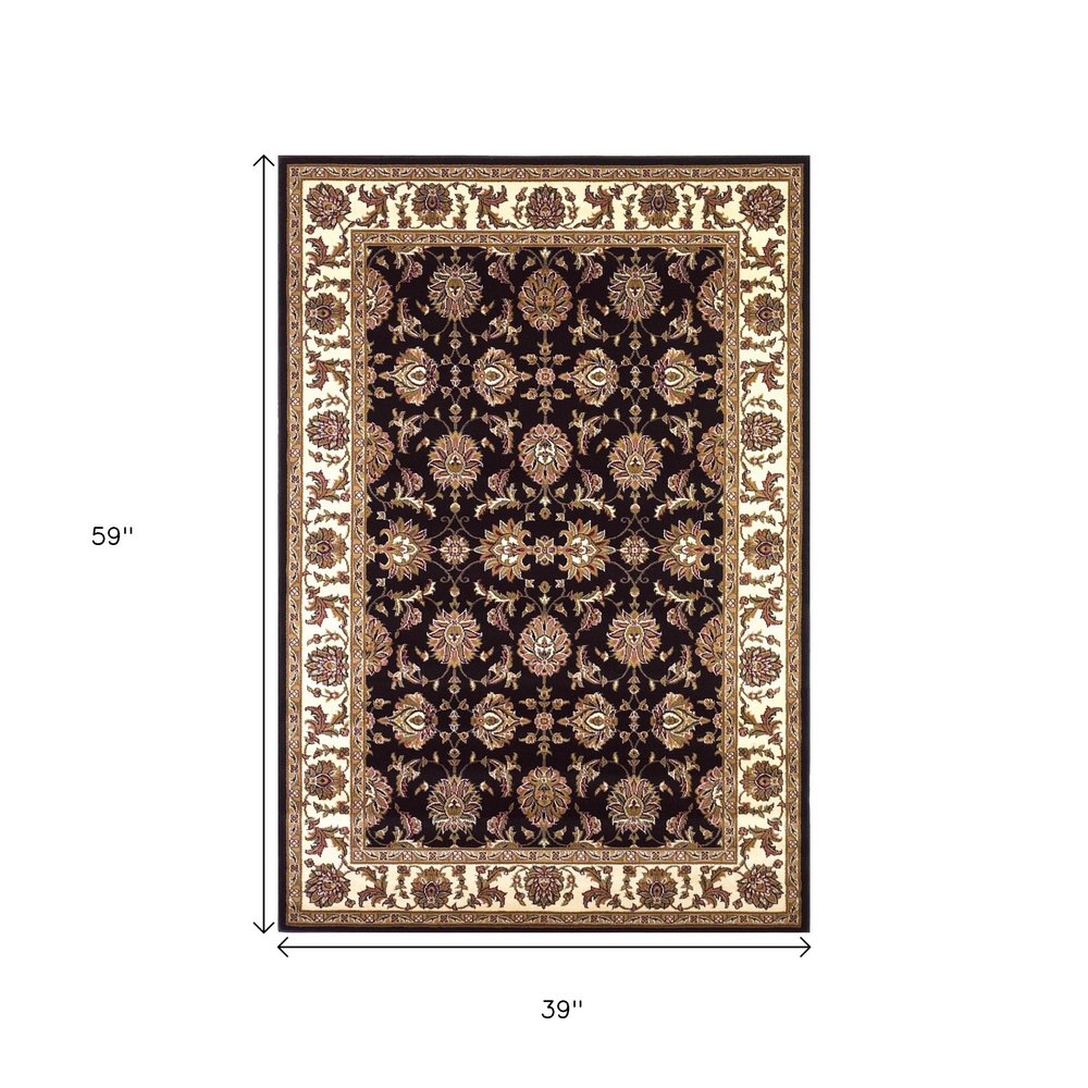 5' X 8' Black Ivory And Brown Floral Medallion Area Rug