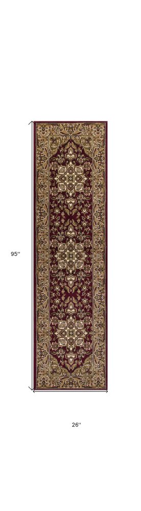 7' Red And Beige Floral Medallion Octagon Rug