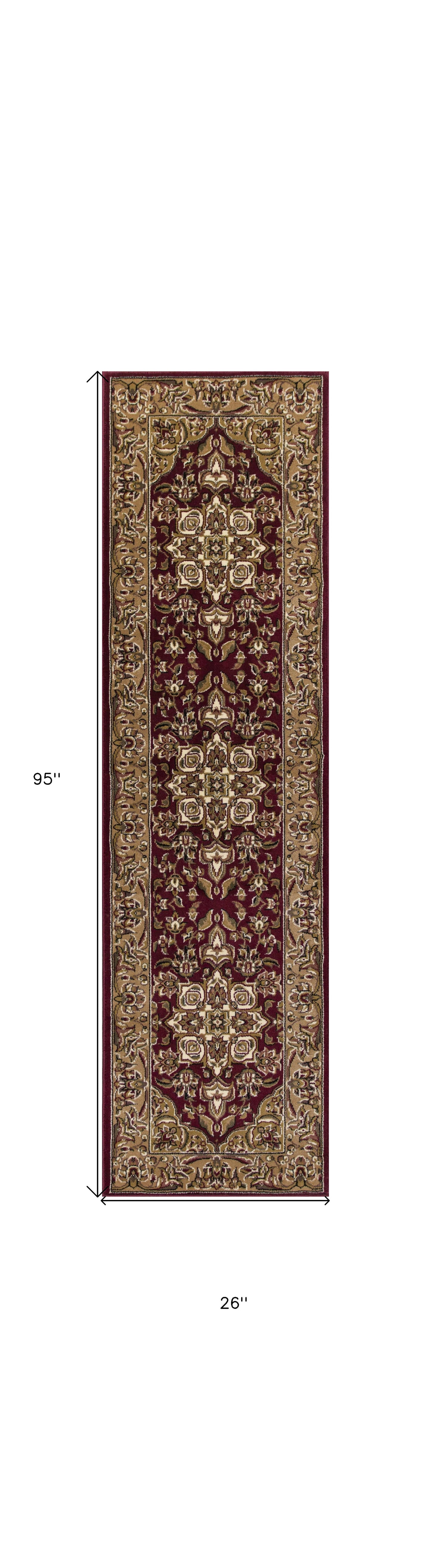 7' Red And Beige Floral Medallion Octagon Rug