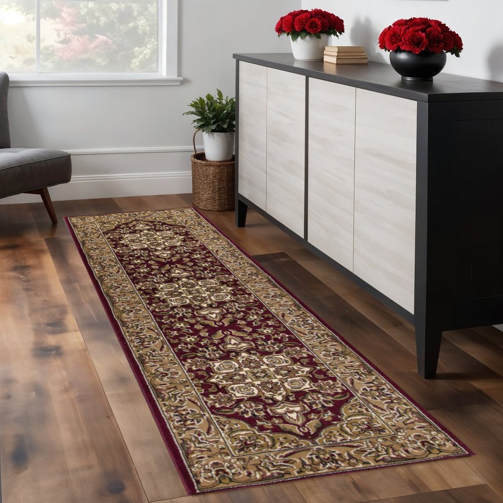 7' Red And Beige Floral Medallion Octagon Rug