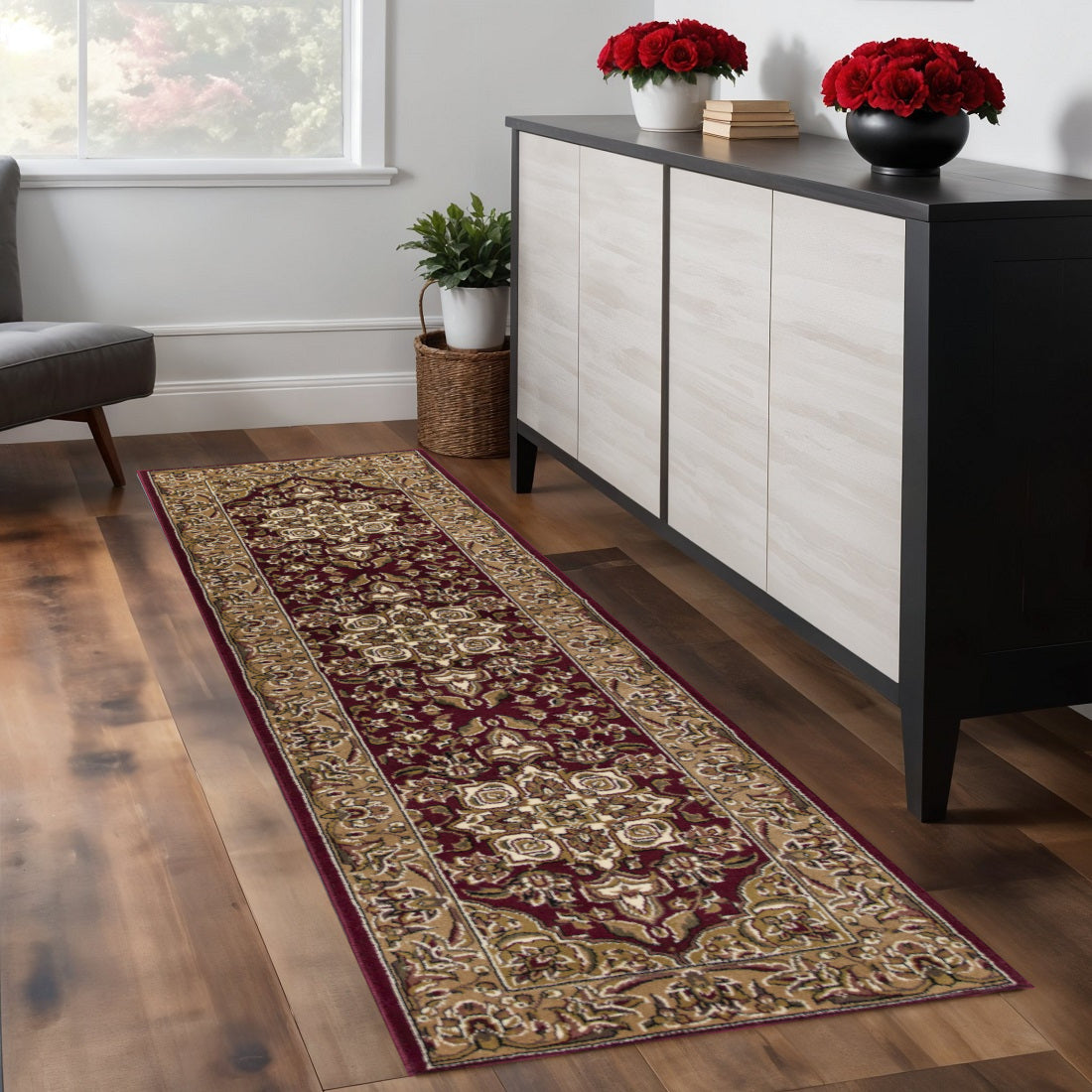 7' Red And Beige Floral Medallion Octagon Rug