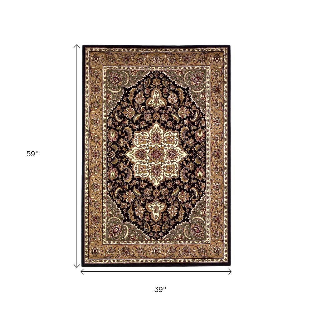 3' X 5' Black And Beige Floral Medallion Area Rug
