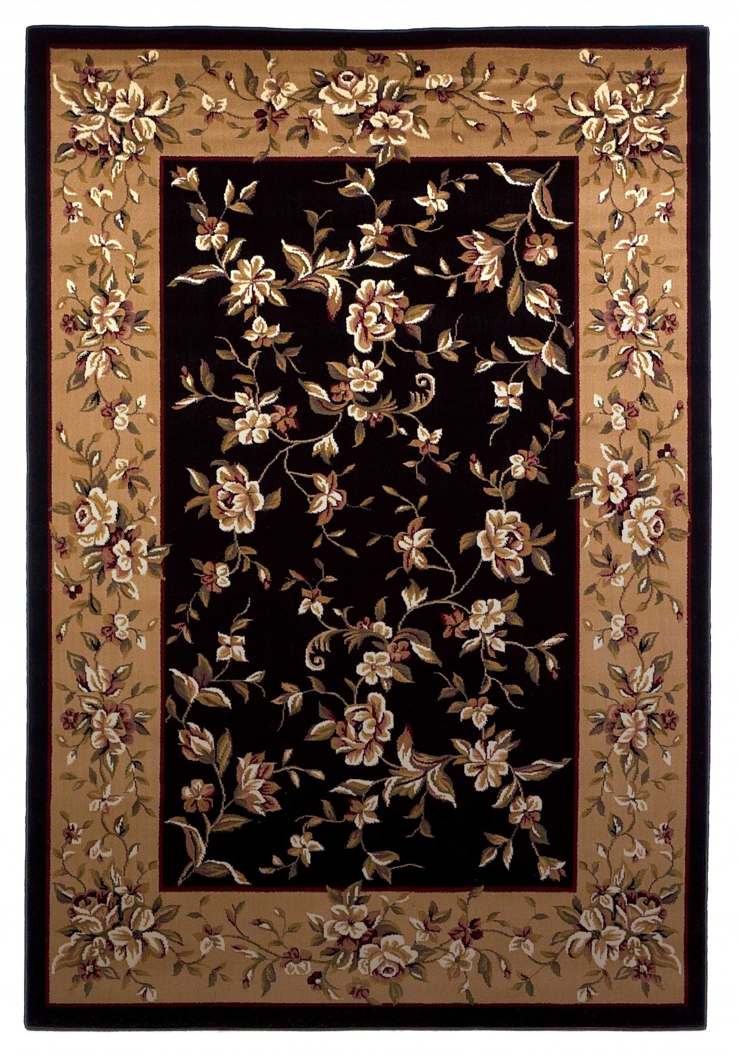 3' X 5' Black Beige Machine Woven Floral Vines Indoor Area Rug