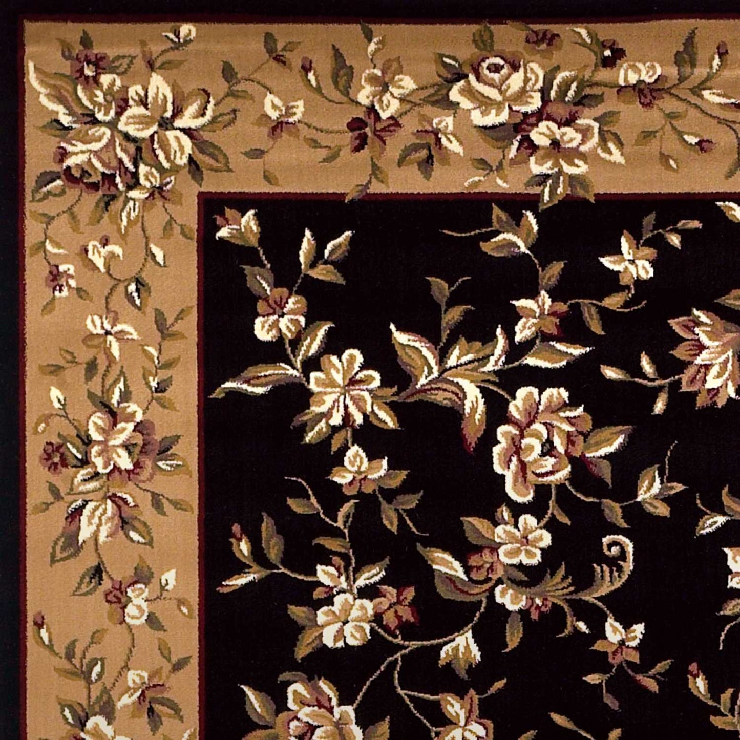 3' X 5' Black Beige Machine Woven Floral Vines Indoor Area Rug