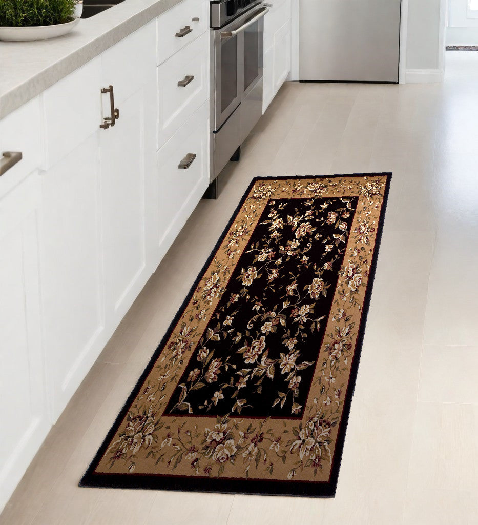 3' X 5' Black Beige Machine Woven Floral Vines Indoor Area Rug
