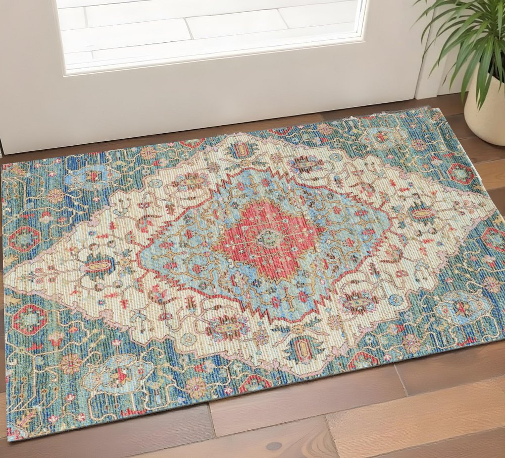 7' X 12' Blue Beige And Brick Red Jute Medallion Handmade Area Rug