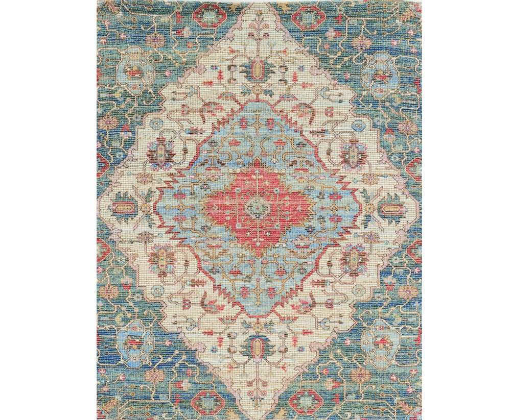 7' X 12' Blue Beige And Brick Red Jute Medallion Handmade Area Rug