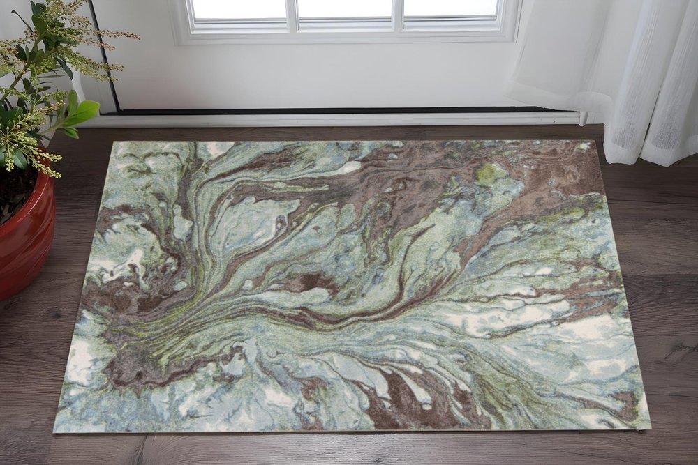 7' X 10' Green And Brown Abstract Area Rug
