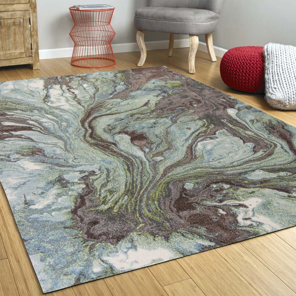 7' X 10' Green And Brown Abstract Area Rug