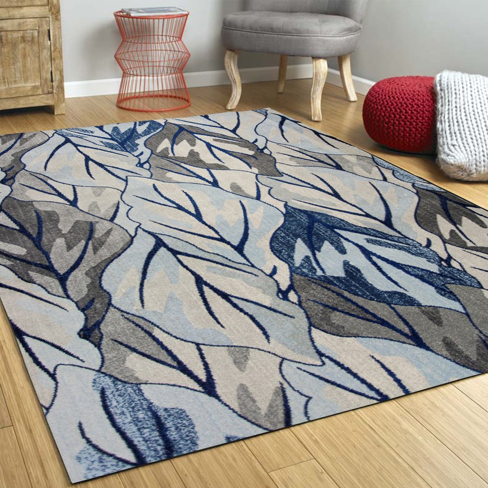 3' X 5' Gray And Navy Blue Botanical Leaves Area Rug