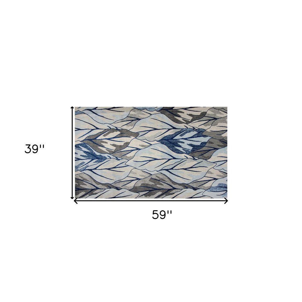 3' X 5' Gray And Navy Blue Botanical Leaves Area Rug
