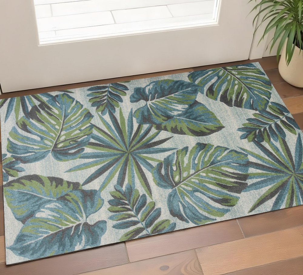 3' X 5' Beige Teal And Green Tropical Botanical Area Rug