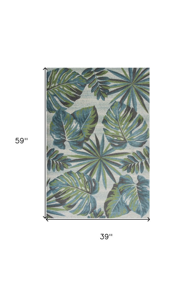 3' X 5' Beige Teal And Green Tropical Botanical Area Rug